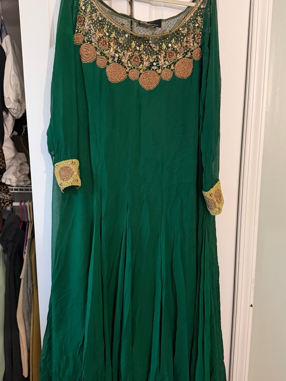 SDK Embellished Emerald Green Long Sleeve Maxi Dress